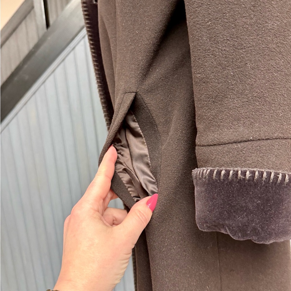 Vintage Albert Nipon Dark Brown Hooded Wool Long Winter Coat Velvet Trim Size 10 - Picture 10 of 11